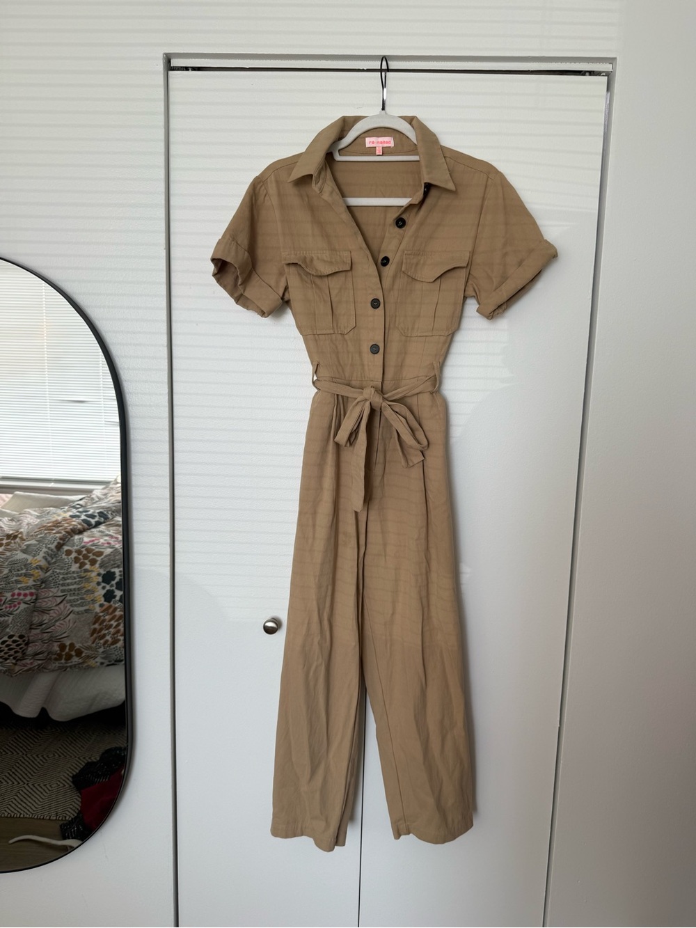 re:named Short-Sleeve Tie-Waist Jumpsuit in Khaki